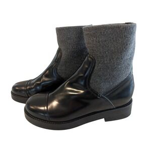 J.Crew Women Black Leather Sock Ankle Boots Cap Toe Grey Knit Lug Sole Size 8